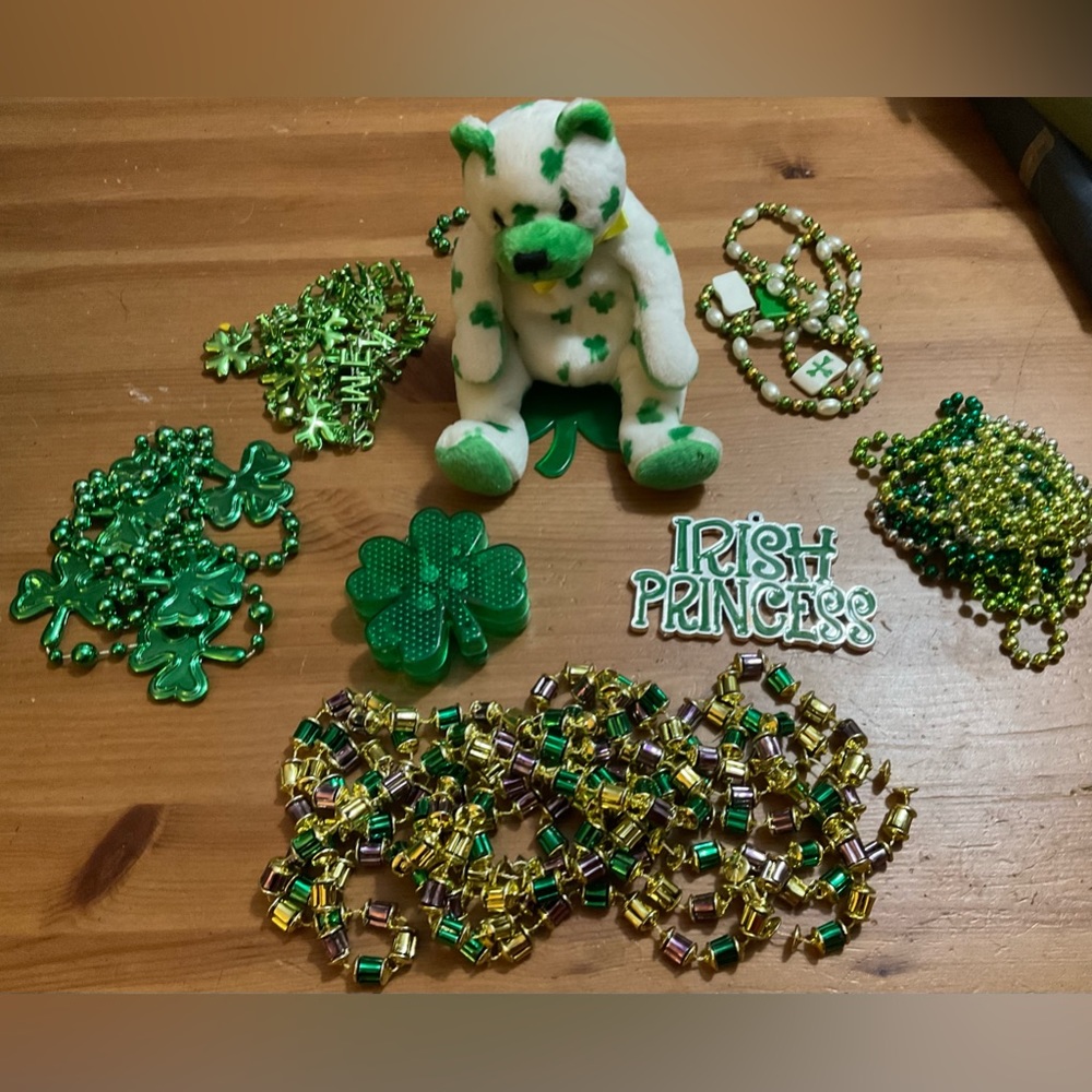 St. Patrick’s Day beads, Mardi Gras long beads and Clover Ty Beanie baby bundle